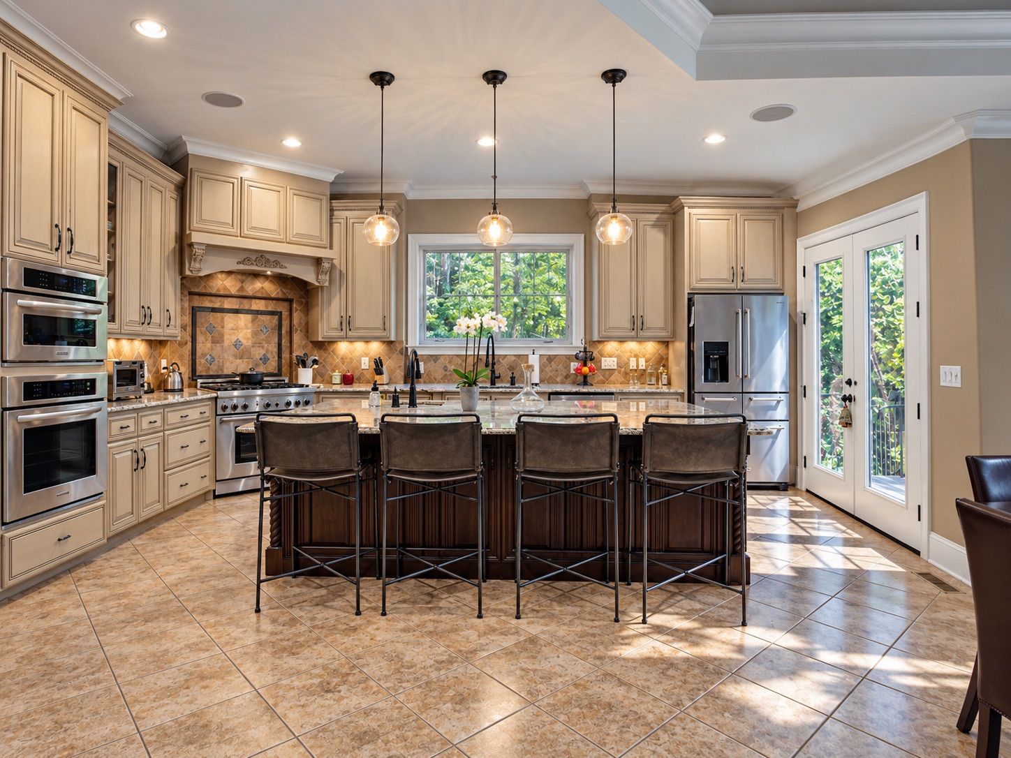 Open kitchen with large island, pendant lights and cream cabinetry